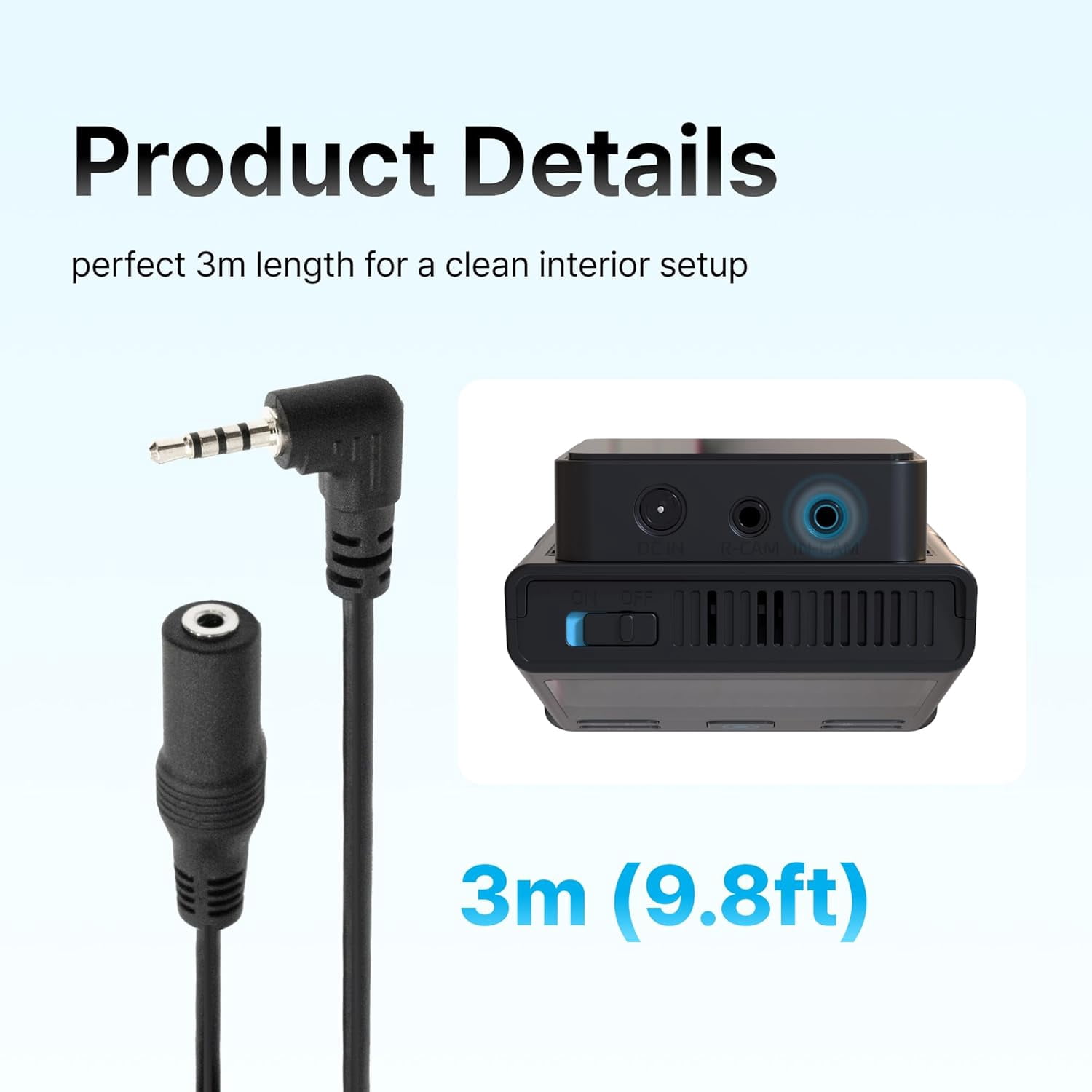 JJEAN-S1 Infinite 3m(9.8ft) Extension Cable for Interior Dash Cam, Backup Camera Extension Cord, Extended Reach, Car Accessories