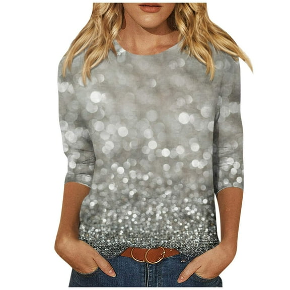 Womens Sparkly Tops, 3/4 Sleeve Shirts for Women Fall Fashion Loose Fit Shiny Sequins Printed Crewneck T-Shirts