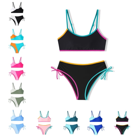 Kids Girls Swimsuit Color Block Sporty Bikini Sets Adjustable Straps Black Girls Two Piece Bathing Suit Size 7-8 Years