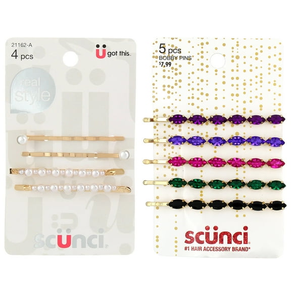 Scunci Gold Plated Decorative Pearl and BeJeweled Bobby Pins, Assorted Set, 9 Count