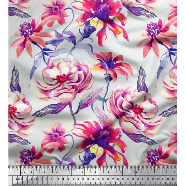 Soimoi Pink Georgette Viscose Fabric Leaves & Floral Decor Fabric Printed BTY 42 Inch Wide