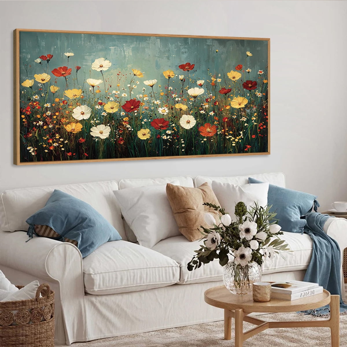 TOARTi Boho Vintage Floral Canvas Wall Art Moody Wildflowers Framed Print Colorful Abstract Botanical Artwork for Bedroom Living Room Office 20x40 Inch