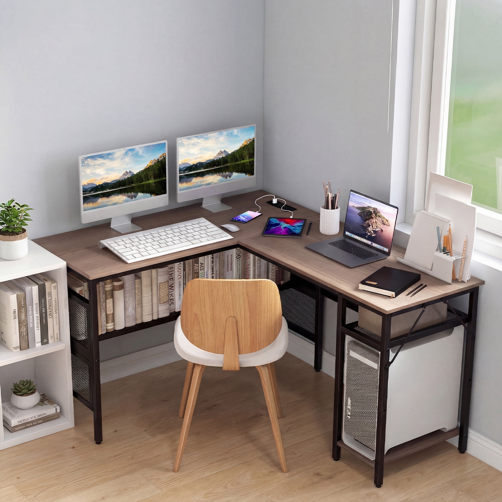 Giantex L Shaped Desk w/Power Outlets & USB Ports, Reversible Corner Computer Desk, 2 Person Gaming Table