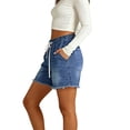 thumbnail image 4 of Women High Rise Ripped Stretchy Jeans Shorts Frayed Raw Hem Casual Denim Shorts Blue S, 4 of 7