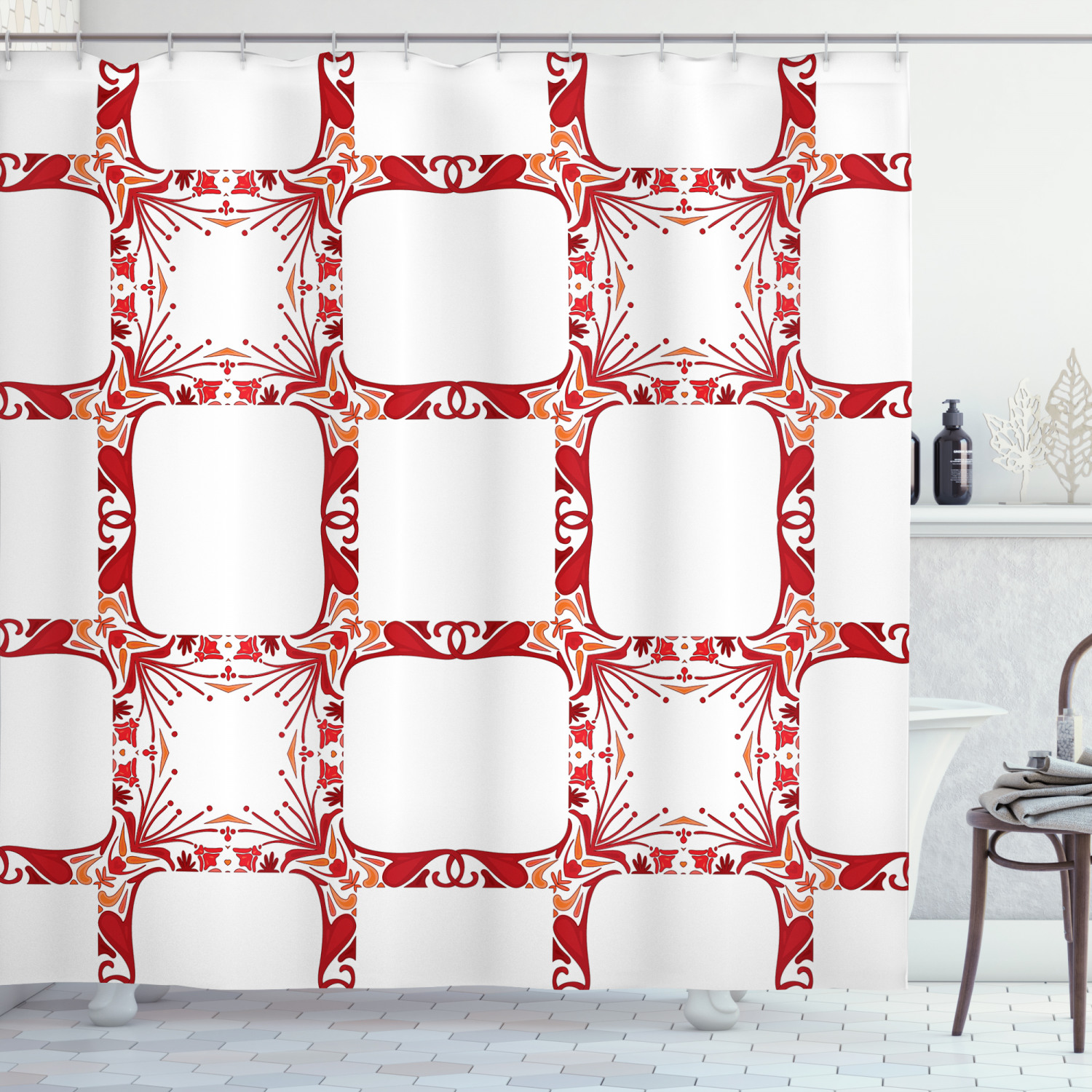 Ethnic Shower Curtain, Modern and Nostalgic Square Shaped Mixed Tiles