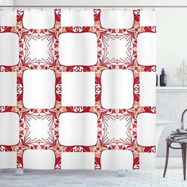 Ethnic Shower Curtain, Modern and Nostalgic Square Shaped Mixed Tiles