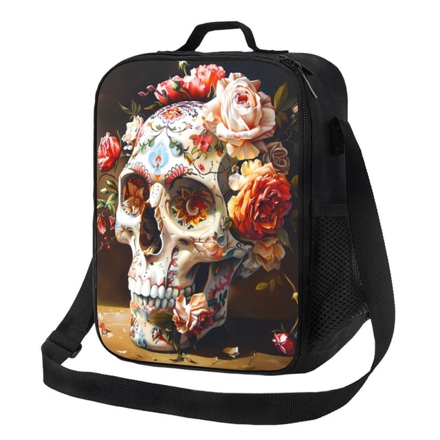 Fotbe Rose Floral Skull Lonchera Bolsa de Almuerzo para Hombres y Mujeres, Lonchera de Gran Capacidad, Bolsa de Almuerzo Reutilizable, Bolsa Térmica Aislante