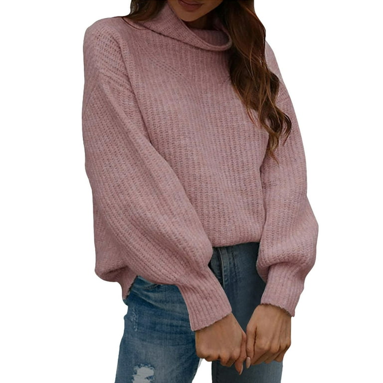 Entyinea Womens Winter Knitwear Crew Neck Long Sleeve Knit Pullover Sweater  Pink M 