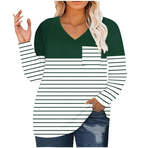 Ahdbta Women's Tunic T Shirts Color Block Striped Plus Size Long Sleeve Tops Sexy V-Neck Loose Fitted Thin Blouses with Pockets