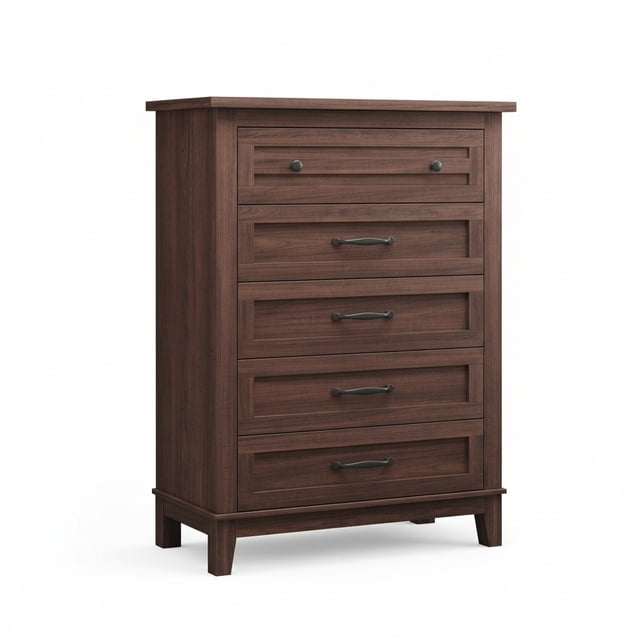Commode Moderne Haute en Bois à 5 Tiroirs pour Chambre – Coffre Autoportant Vertical de 41,3 Pouces avec Grand Rangement, Organisateur de Garde-Robe – Parfait pour Chambre, Salon, Entrée – Brun Noyer