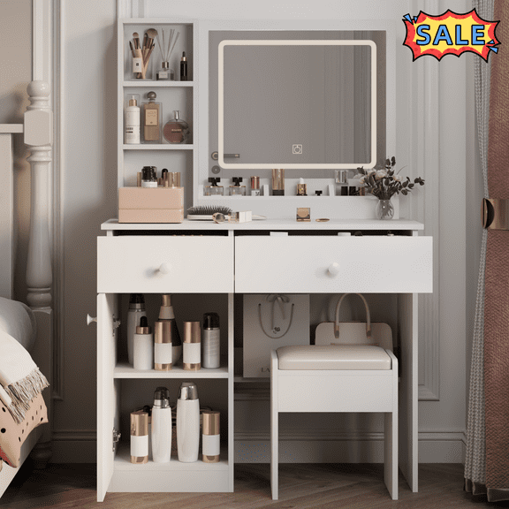 Tcbosik 35.4" Vanity Desk with Charging Station and Lighted Mirror, 35.4" Makeup Table with Door and 2 Drawers, Dressing Table with Open Shelves for Bedroom, White