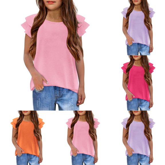 Dpytoraw Girls Flutter Sleeves Crew Neck Short Sleeve T-Shirt,Summer Casual Fashion Tops Size 11-12 Years