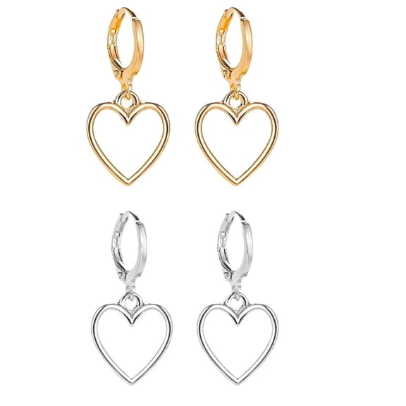 2 Pairs Heart Drop Earrings for Women, Gold and Silver Tone Open Heart Dangle Huggie Hoop Earrings, Lightweight Lever Back Jewelry Gifts