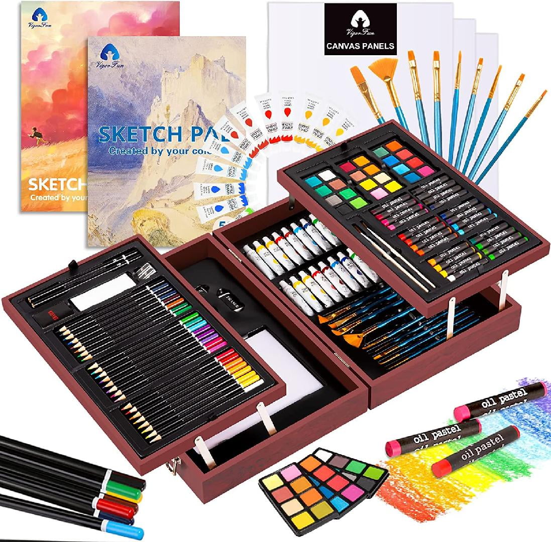 RMENST 130 Piece Art Set, Art Set in Portable Wooden Case, Crayons, Oil Pastels, Colored Pencils,Watercolor Cakes, Brushes, Art Supplies for Teens