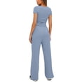 thumbnail image 3 of Two Piece Sets for Women Summer Casual Outfit Sets Solid Color Button Down Round Neck Short Sleeve Tops and Drawstring Wide Leg Pants with Pocket Sets Relaxed Vacation Wear, 3 of 8