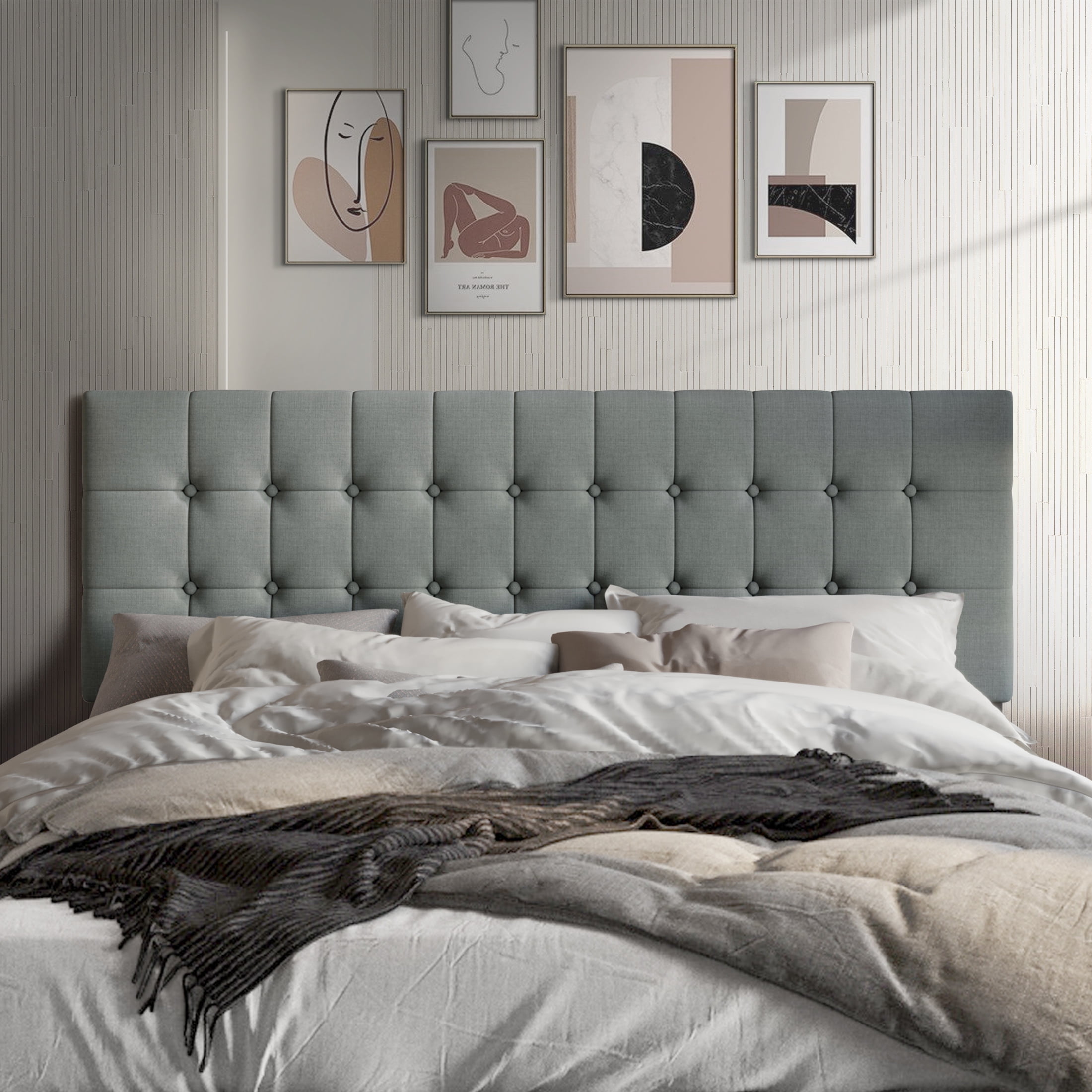 Castle Place Upholstered Button Tufted Linen Headboard, Light Grey, King