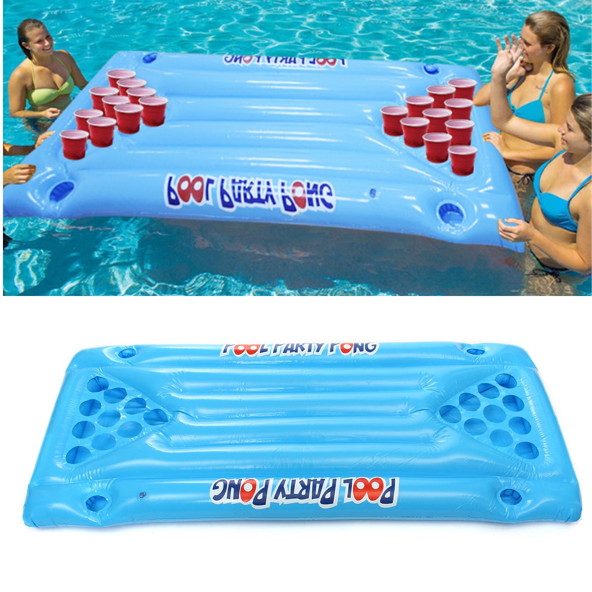JIANYHW Inflatable Pool Pong Party Barge Float Set,Floating Pool Game Table Raft Lounger for Pool Beach Party Summer 20 Cups Blue 