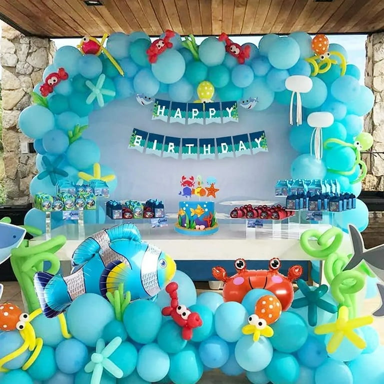 GEEKEO Under the Sea Ocean Theme Shark and Fish Birthday Party Decorations  for Boys, Marine Life Blue Balloons Arch Set with Banner, Marine Animals