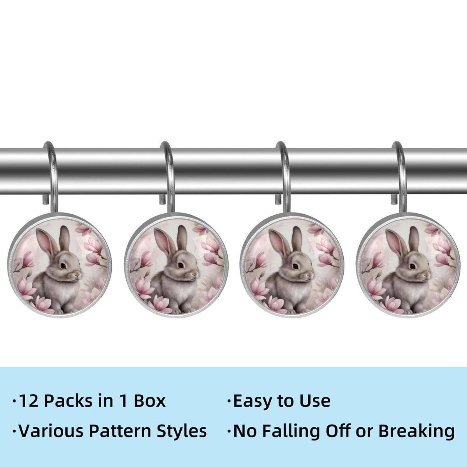 Imobaby 12 Pcs Metal Shower Curtain Hooks Rust Proof for Shower Curtain Liner - Plum Blossom Happy Little Rabbit