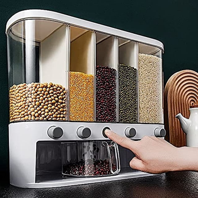 Dispensador de alimentos secos Xilei 5 Grid, arroz para cereales, 10 kg con taza