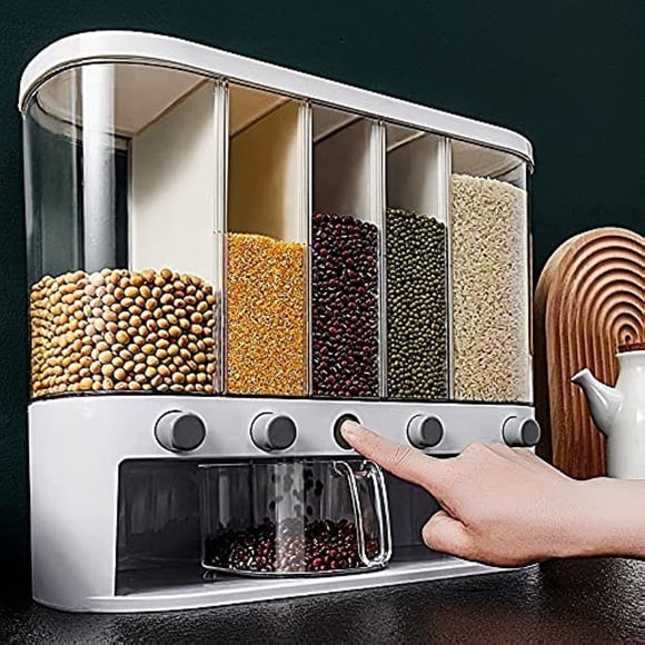 Dispensador de alimentos secos Xilei 5 Grid, arroz para cereales, 10 kg con taza