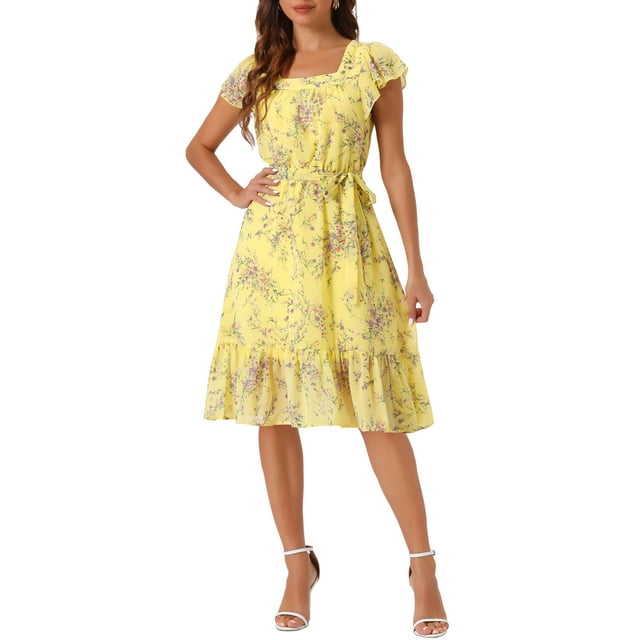 INSPIRE CHIC Robe pour Femme Florale à Encolure Carrée Manches Courtes Volantées Midi Invitée de Mariage Robe d'Été L Jaune