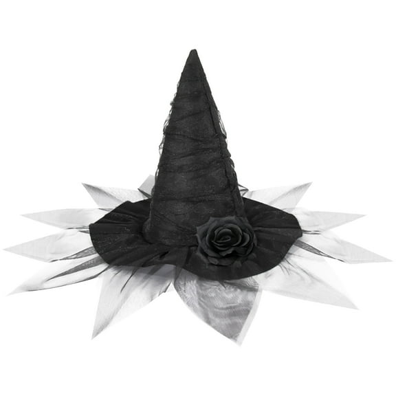 Xfvqtps Halloween Witch Hat Mesh Lace Flower Halloween Spire Hats for Party Accessory Black