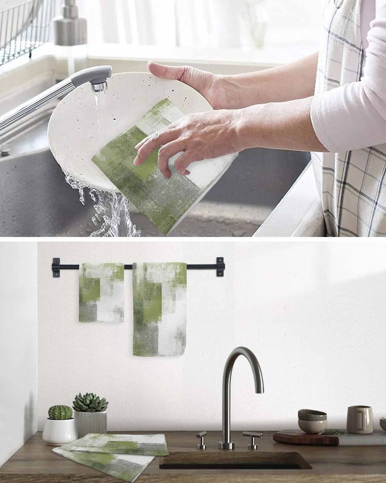 Sage Green Ombre Kitchen Dish Towels for Drying Dishes Set of 3, Vintage Shabby Abstract Plaid Art Waffle Weave Microfiber Terry Hand Tea Bathroom Towels Quick Dry & Absorbent Towel 12x12
