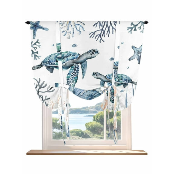 Sea Turtle Tie Up Curtains for Windows 63 Inch Length Balloon Curtains Kitchen Adjustable Balloon Window Shade Ocean Coastal Coral Beach Summer Conch Tie Up Valance Bathroom Curtain Window 42"x63"