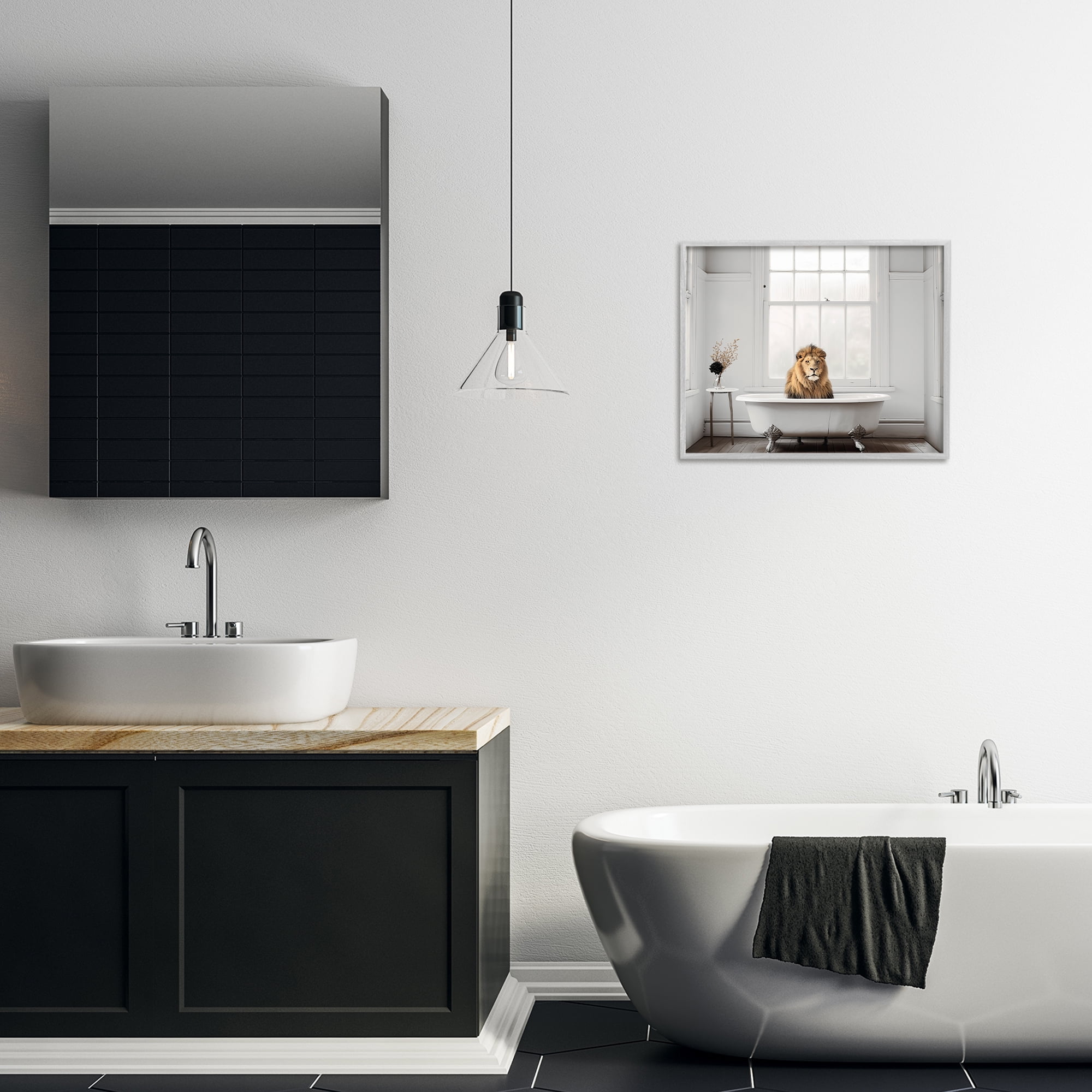Minimalist Lion Bathtime Gray Framed Giclee Art, design by Sasha