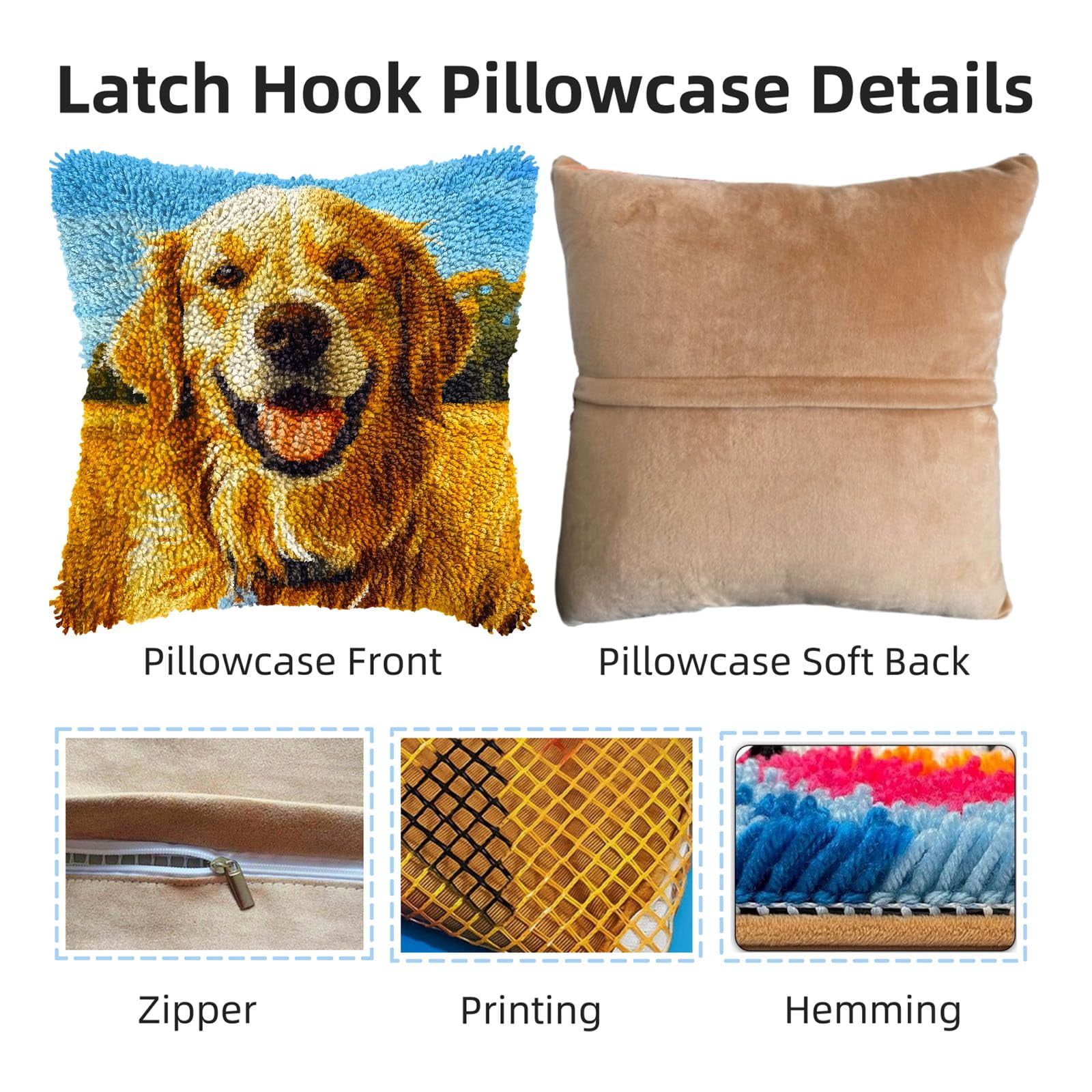 DIY Latch Hook Pillow Kits Golden Retriever Dog Printed Pillowcase Crochet Yarns Hooking Handmade Pillow Cover Cushion for Home Sofa Decoration 17x17inch-1