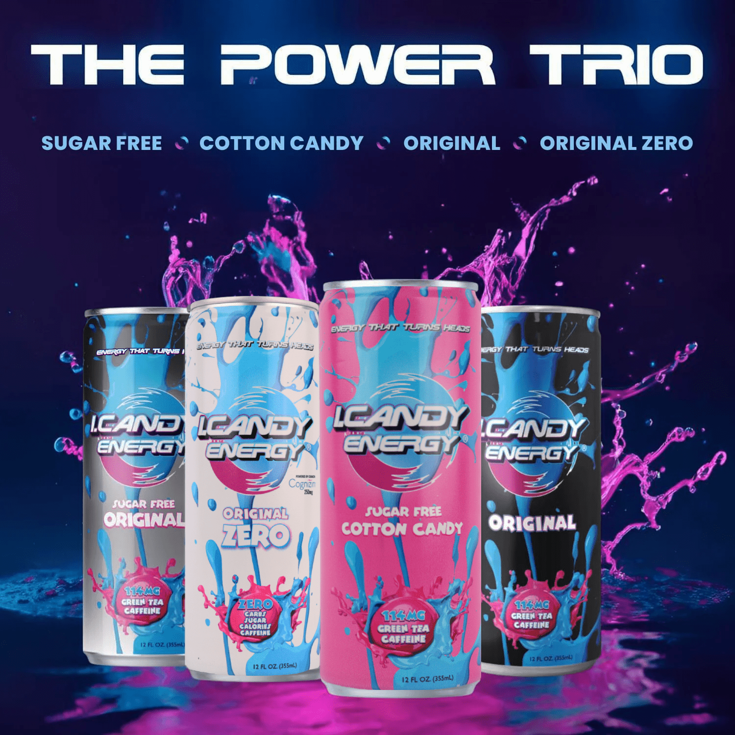 I.Candy Energy Drink, Cotton Candy Flavor, Zero Sugar & Natural Caffeine – Sugar Free Energy Drinks with B3 B6 B12 Vitamins – Bold Taste for Everyday Energy – 24 Pack, 12 fl oz