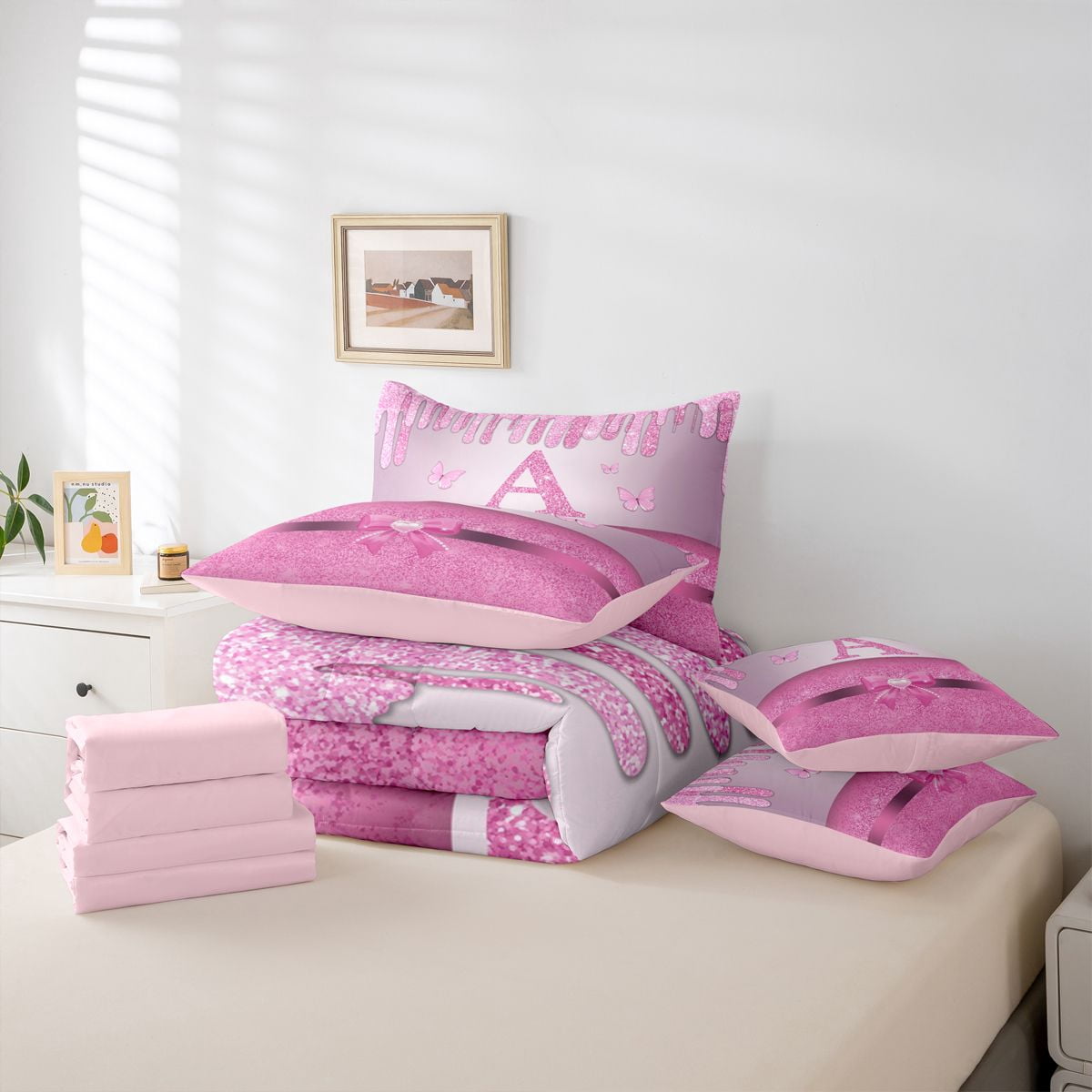 Manfei Letter Monogrammed Initial A Girl 7 Pieces Bedding Comforter Set,Kawaii Bow Butterfly Full Bedding Set Lightweight,Bling Pink Glitter Fitted Sheet Flat Sheet,Lightweight Room Decor
