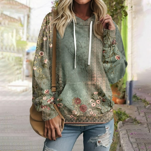 Hoodies for Women Fall And Winter Print Tops Pullover Hooded Sweatshirt Drawstring with Pocket