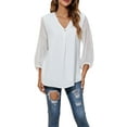 thumbnail image 2 of Liacowi Women Chiffon Blouses Casual 3/4 Sleeve V Neck Jacquard Shirt Loose Lace Patchwork Office Tunic Tops, 2 of 6