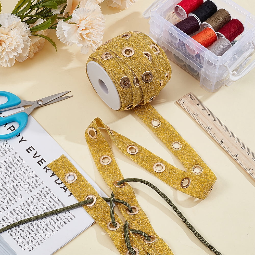 15 Yards Glitter Polyester Ribbon with Stainless Steel Eyelets Clothes Accessories Gold 1 inch(25mm)