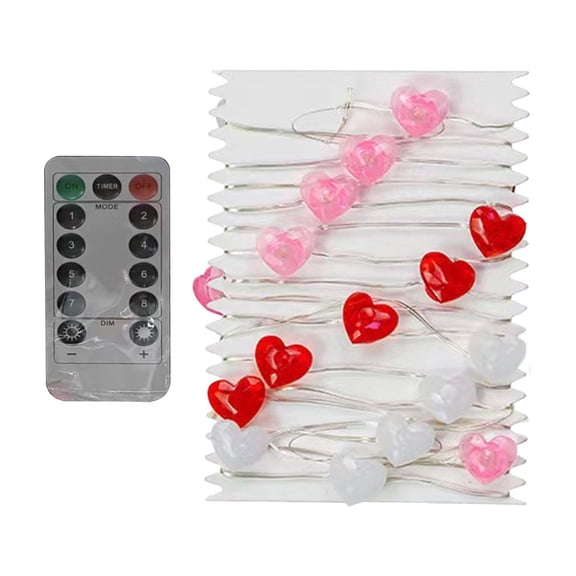Valentines Day Decor 10FT 30 LED Heart Lights Battery Powered 8 Modes Red White String Lights With Timer Romantic Valentine's Gift
