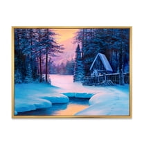Designart 'The River House In The Woods and Winter Landscape II' Lake House Framed Canvas Wall Art Print