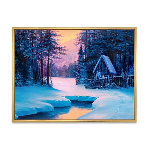 Designart 'The River House In The Woods and Winter Landscape II' Lake House Framed Canvas Wall Art Print