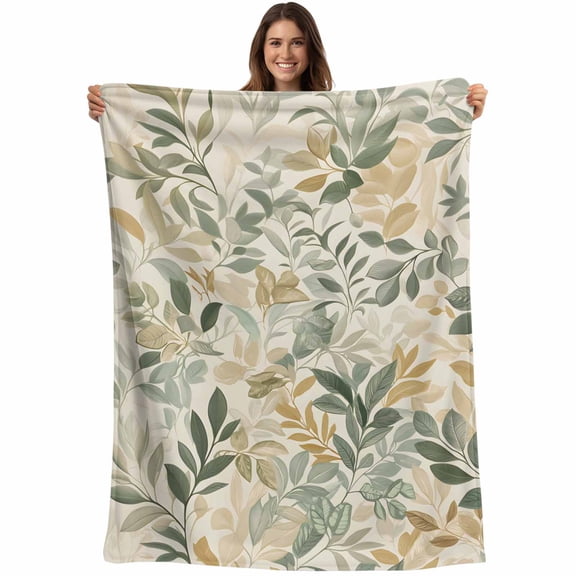 Flannel Fleece Throw Blanket Sage Green Leaf Spring Plant Lightweight Soft Plush Blankets,Country Leaves Seamless Cozy Warm Throw Blanket for Couch Sofa Bed Car Office All Season Use 40x50in