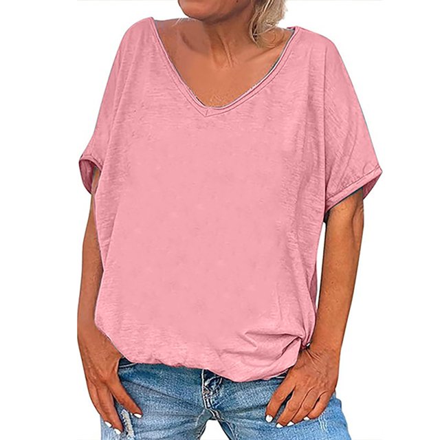 Timegard Womens Tops V Neck Short Sleeve Loose Blouse Summer Solid Color Casual Comfy Tops Basic Tee