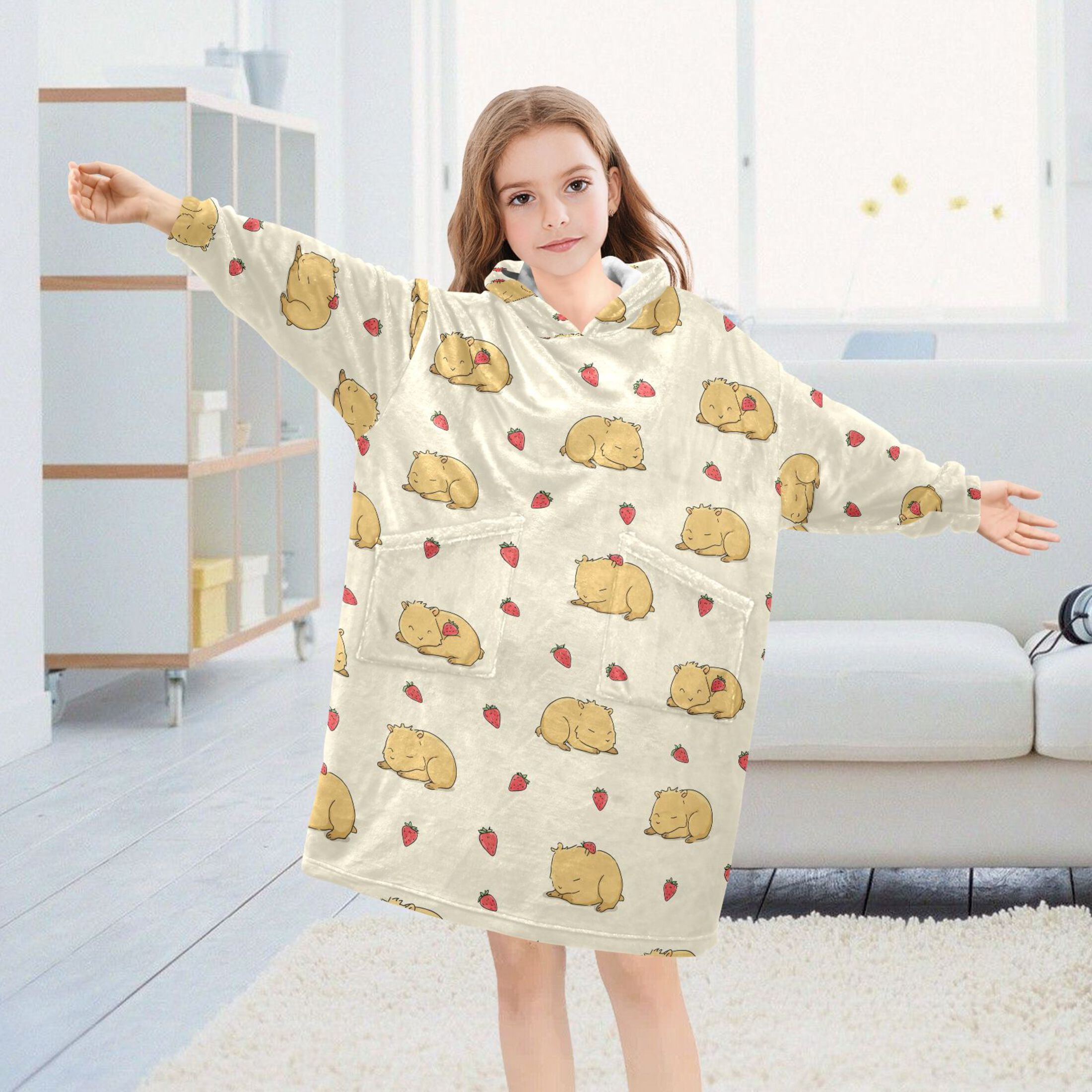 Wearable Blanket Hoodie for Kids Cute Guinea Pig and Strawberry Flannel Hooded Blanket with Pockets and Sleeves Suitable for Boys and Girls