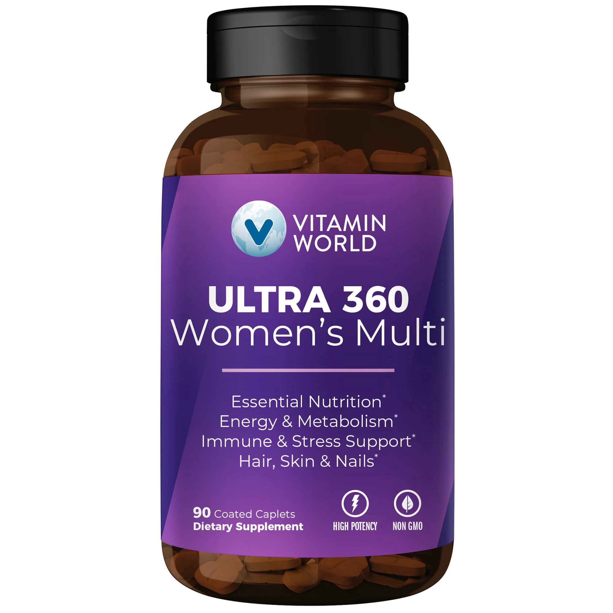 Vitamin World Ultra 360 Multivitamin for Women, Women's Multivitamin with Herbs & Collagen for Hair, Skin & Nails, Supplement with Iron, Vitamin A, B, C, D, E for Energy & Immune Support, 90 Caplets