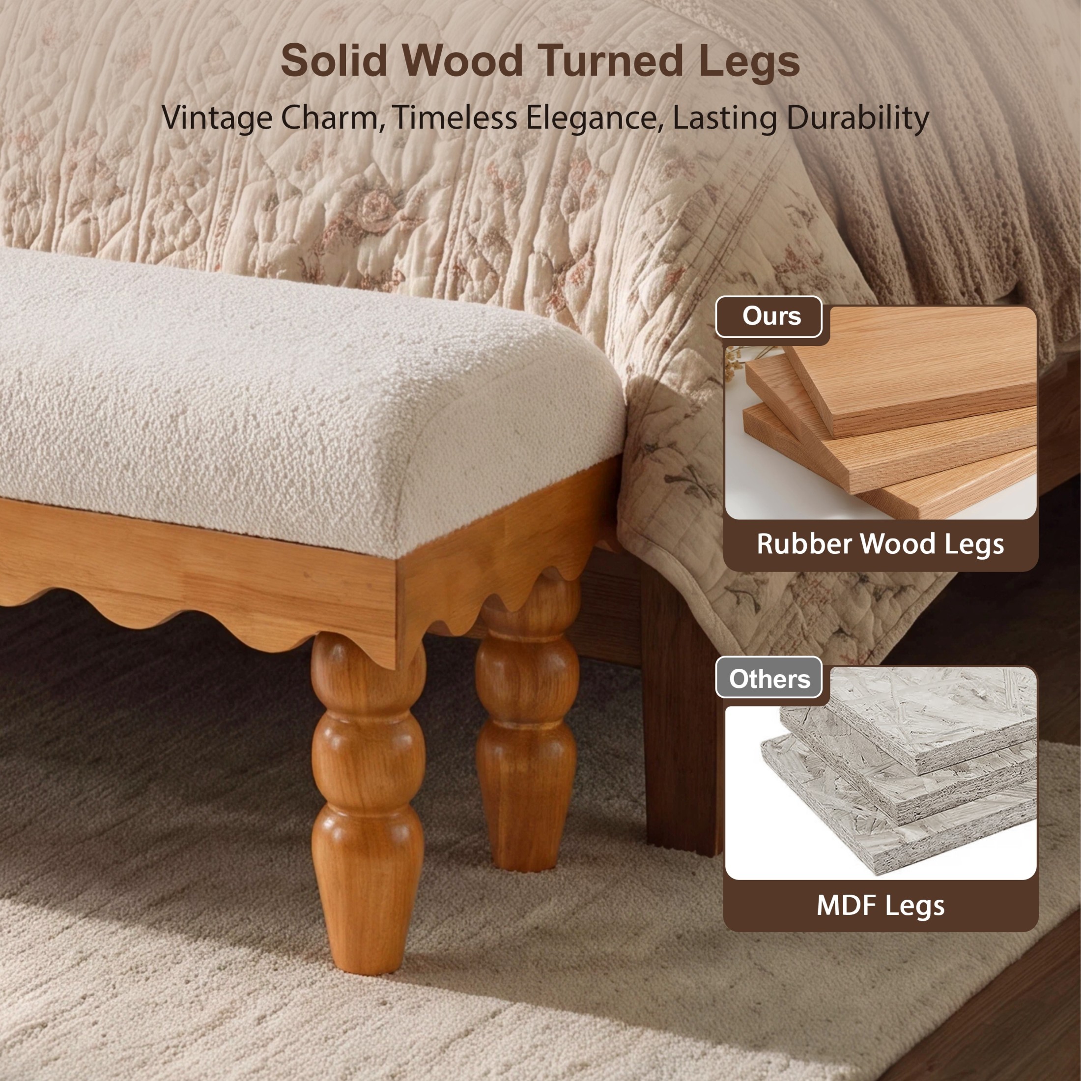 Christopher Knight Home Vintage Boucle Fabric Bench, Wave Trim Ottoman with Solid Wood Legs, Beige