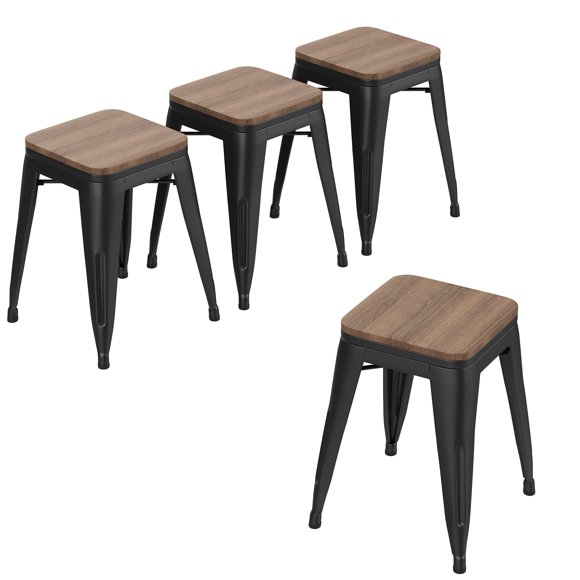 HAOBO Home Modern Industrial Metal Stool Classroom Stools with Wooden Seat [Set of 4] Stackable 18" Dining Chair Kids Short Stools