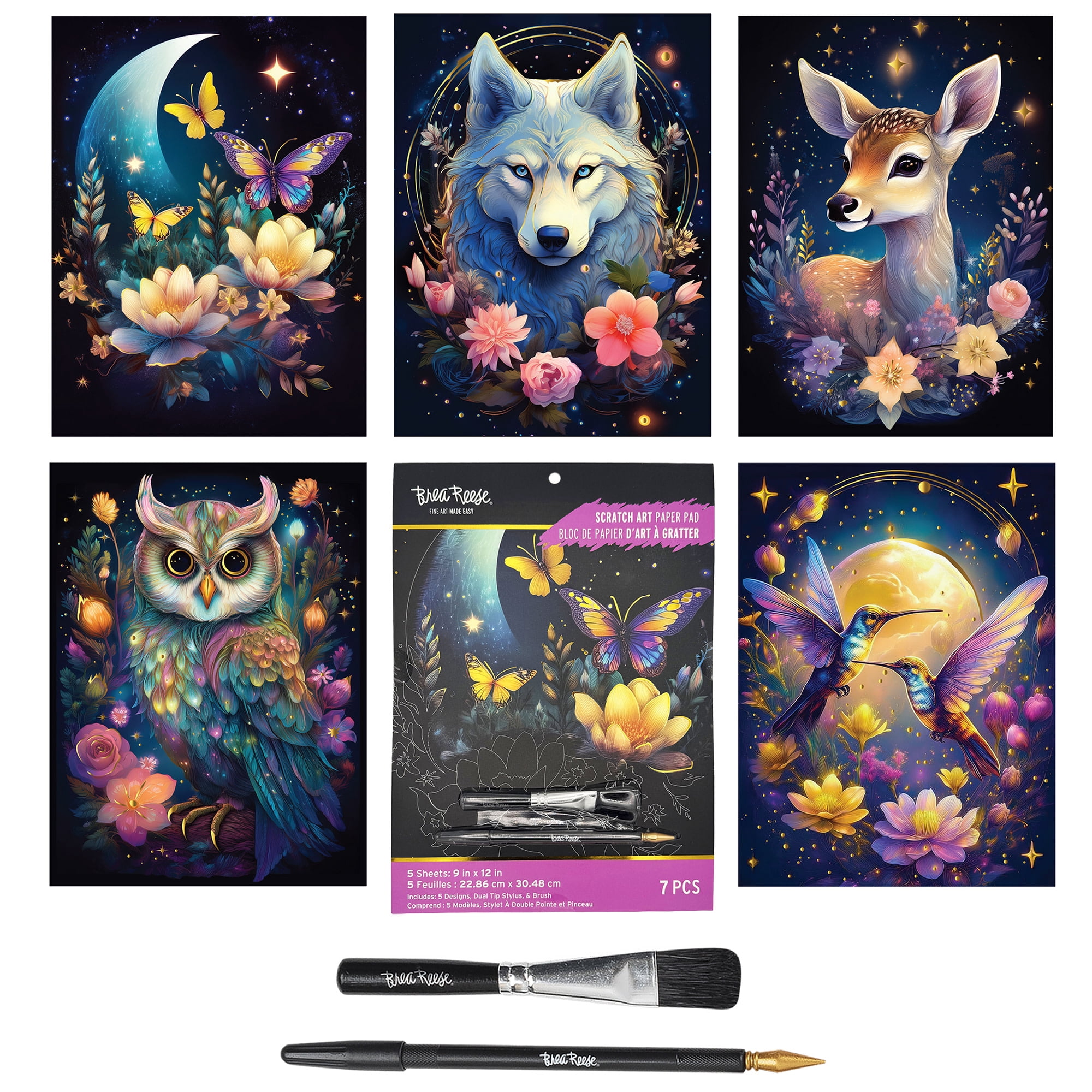 Brea Reese: Scratch Art Paper Pad - Moonlit Creatures - 5 Nature Designs, Metallic Foil, Dual-Tip Stylus & Brush, Easy-to-Frame 9x12 Pgs, Adult Craft