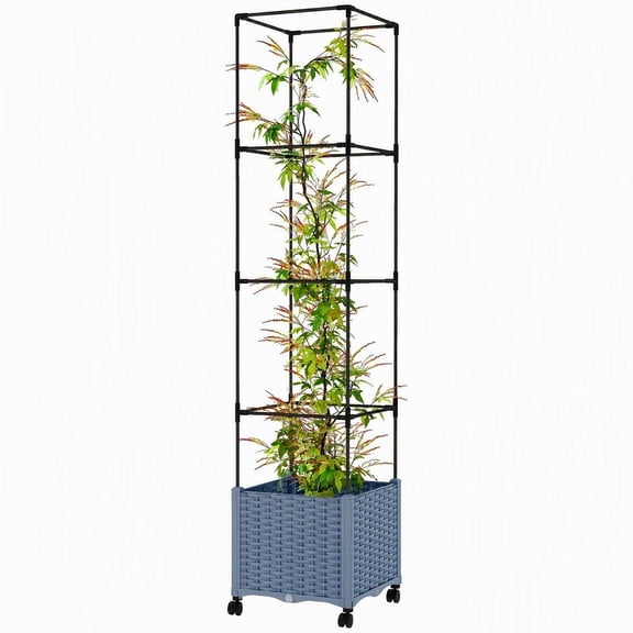 Mobile Raised Garden Bed with Adjustable Trellis, Self-Watering Planter on Lockable Wheels for Tomatoes, Peas