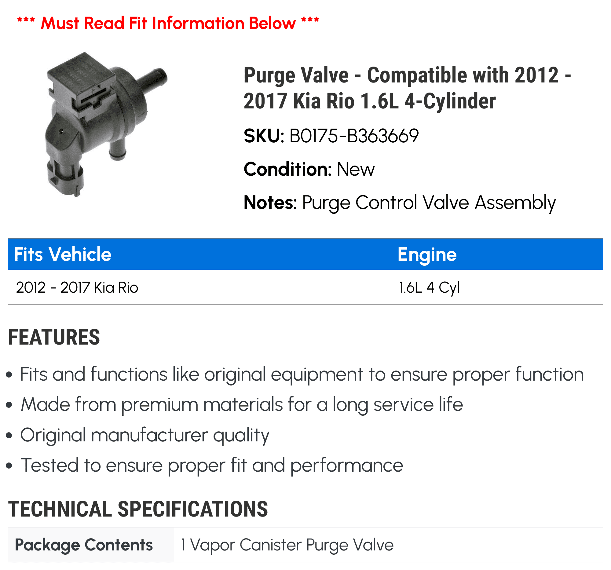 Purge Valve - Compatible with 2012 - 2017 Kia Rio 1.6L 4-Cylinder 2013 2014 2015 2016
