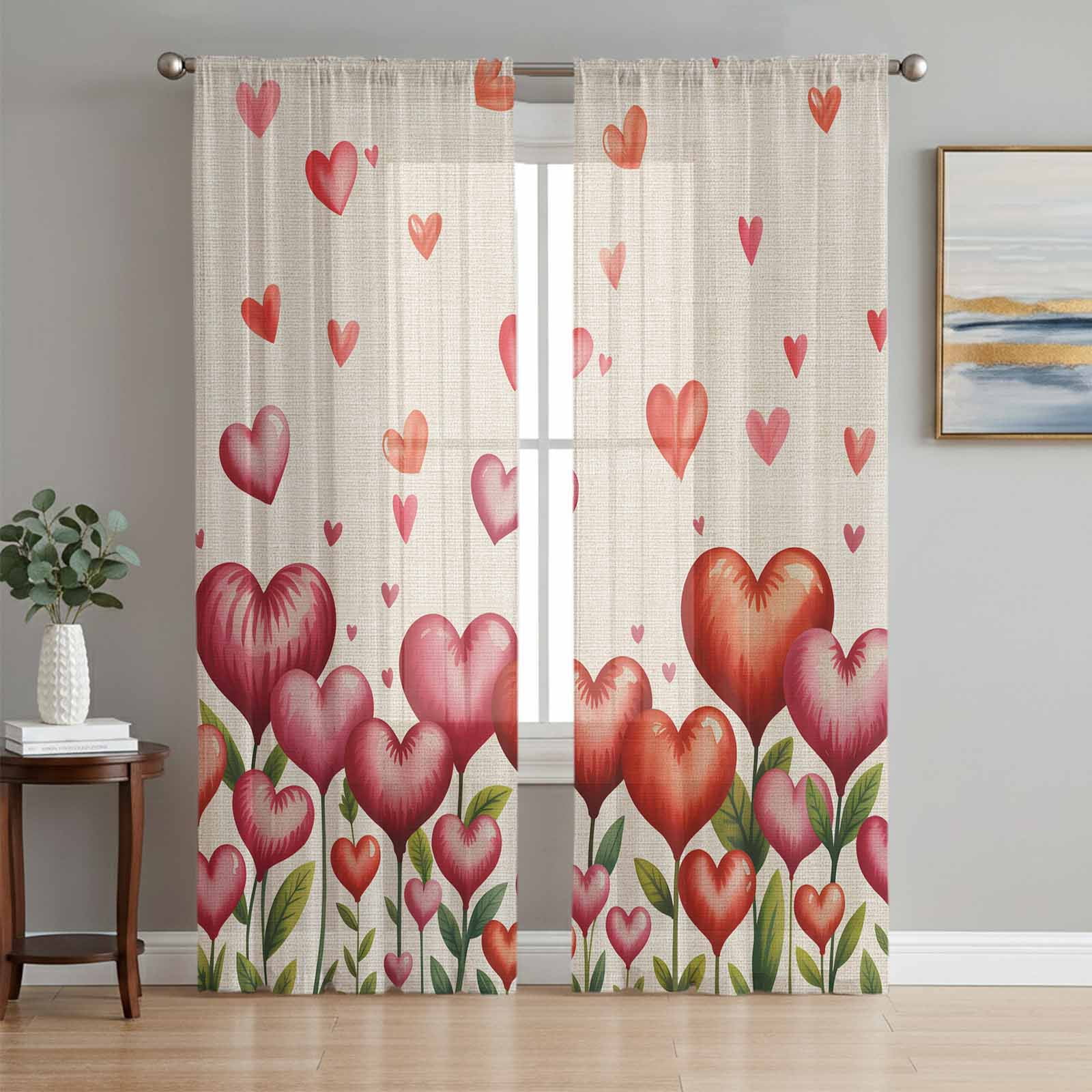 Valentine's Day Sheer Curtains 2 Panels Set Watercolor Red Pink Love Heart Floral Plant Linen Texture Sheer Window Curtains Light Filtering Rod Pocket Voile Drapes for Bedroom Living Room 52"X72"