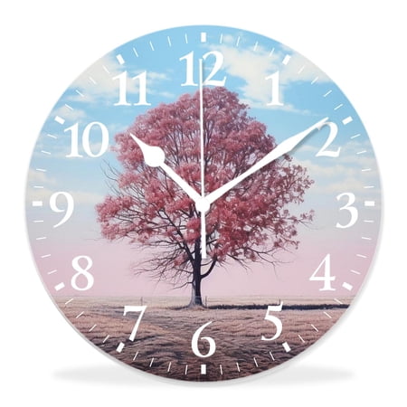 12 Inch Wall Clock Battery Operated Silent Clock Decorative for Office, Kitchen, Outdoor, Living Room，Nature Rural Scene Sky Clouds Lonely Tree on Grassy Meadow Exquisite